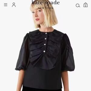 Kate Spade Ruffle Tuxedo Top Black Sheer Puff Sleeve Blouse